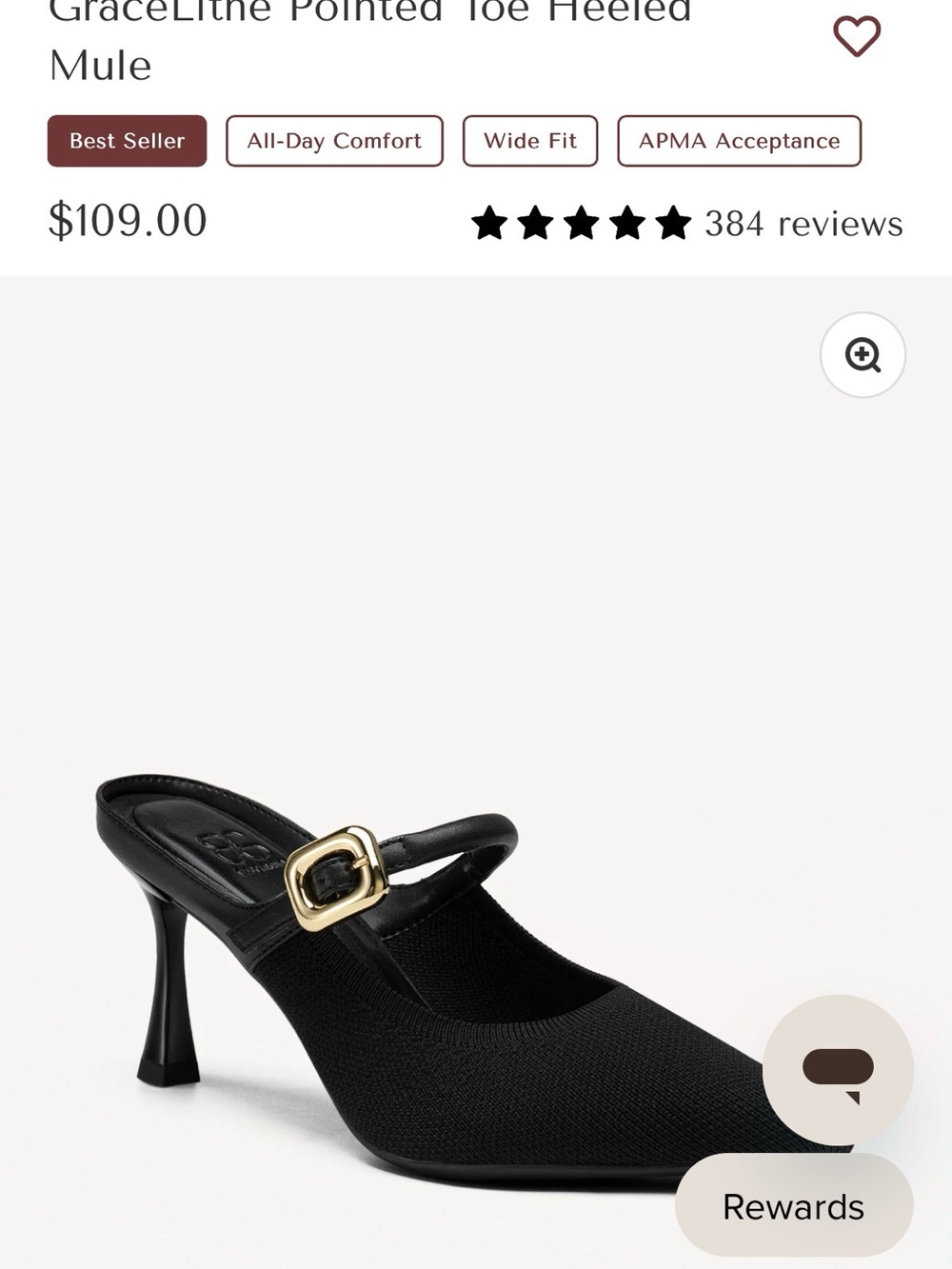Pointed-Toe Black Heeled Mule with Gold Buckle. Cosy Island. Size 8W